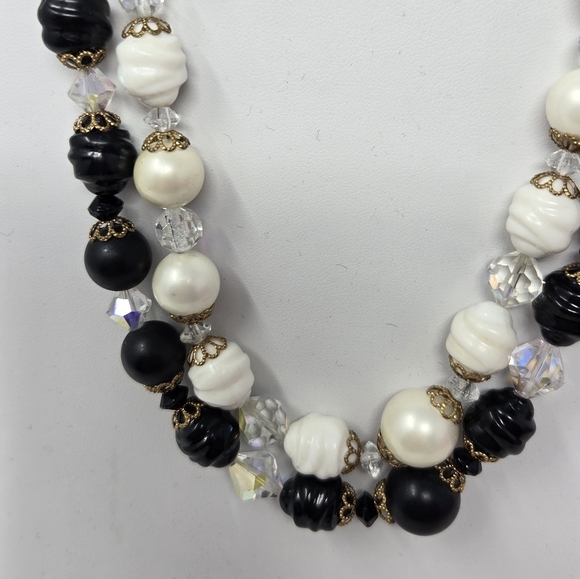 VINTAGE ART ARTHUR PEPPER BLACK & WHITE BEAD DOUBLE STRAND NECKLACE JEWELRY - Picture 3 of 14